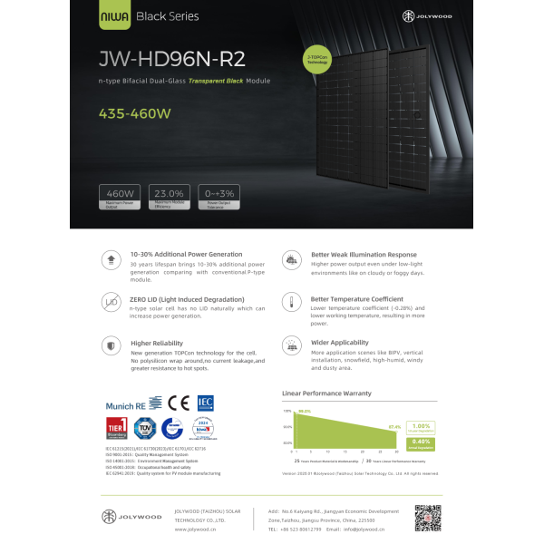 460Wp Jolywood Niwa JW-HD96N-R2/460 Wp N-Type TOPCon Bifazial Fullblack